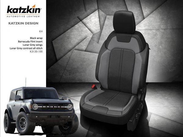 Katzkin Leather interior for Ford Bronco 2 tone color. Black wrap with barracuda flint insert and Lunar gray wings , perf insert.